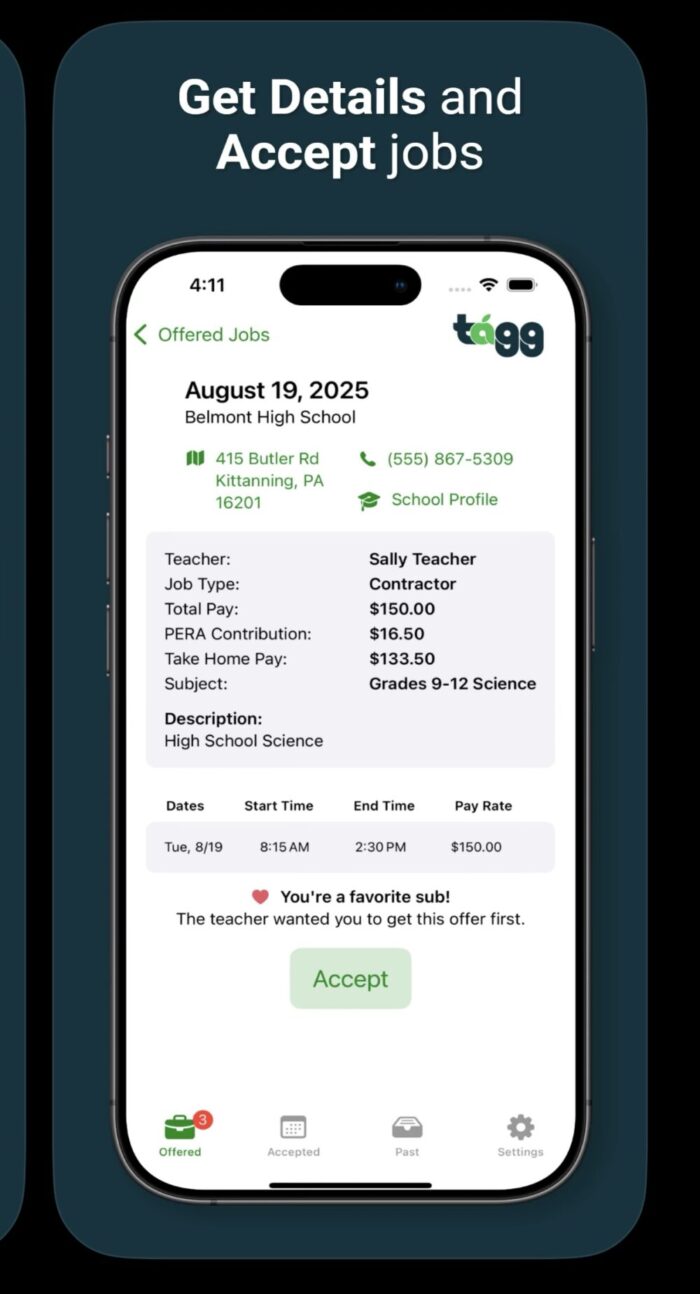 Tagg substitute teacher app interface showing teaching job details, pay rate, and one-tap Accept button.